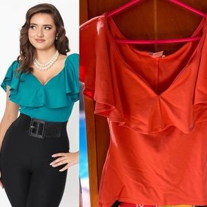 Unique Vintage Frenchie Off Shoulder Ruffle Pantone Coral top size small